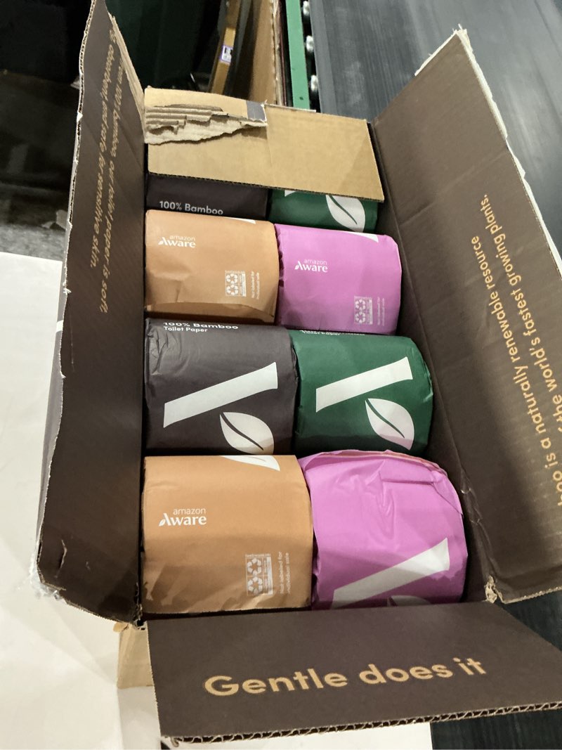 Condition photo showing New/Like New for Amazon Aware 100% Bamboo 3-Ply Toilet Paper, Unscented, 24 Rolls, FSC Certified, 350 Sheets, 8400 Count, Pack of 24, Plastic-Free