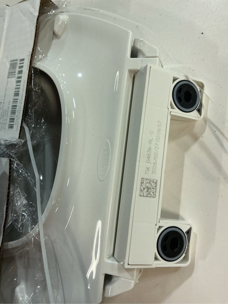 Condition photo showing As Is for kohler 4636-rl-0 cachet readylatch elongated toilet seat slow close, soft close toilet seat quiet lid, contoured grip-tight bumpers installation hardware, apartment essentials, white white elongated ready latch