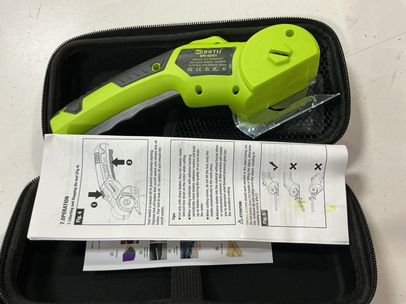 Condition photo showing Good Condition for cordless electric scissors: 4v rechargeable rotary cardboard cutter, 3000mah battery, with led light & safety lock, 2 blades, electric box cutter for fabric carpet carton plastic leather cloth