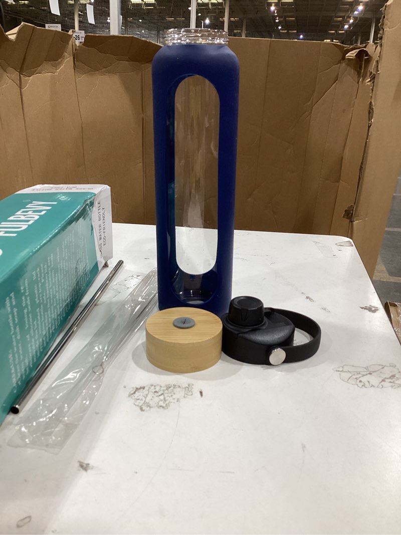 Condition photo showing Good Condition for fulbevy 32 oz glass water bottles - 1 liter motivational tumbler water bottle time marker - borosilicate glass water bottle with silicone sleeve and 2 lids, handle spout & bamboo straw lid blue 32 ounces
