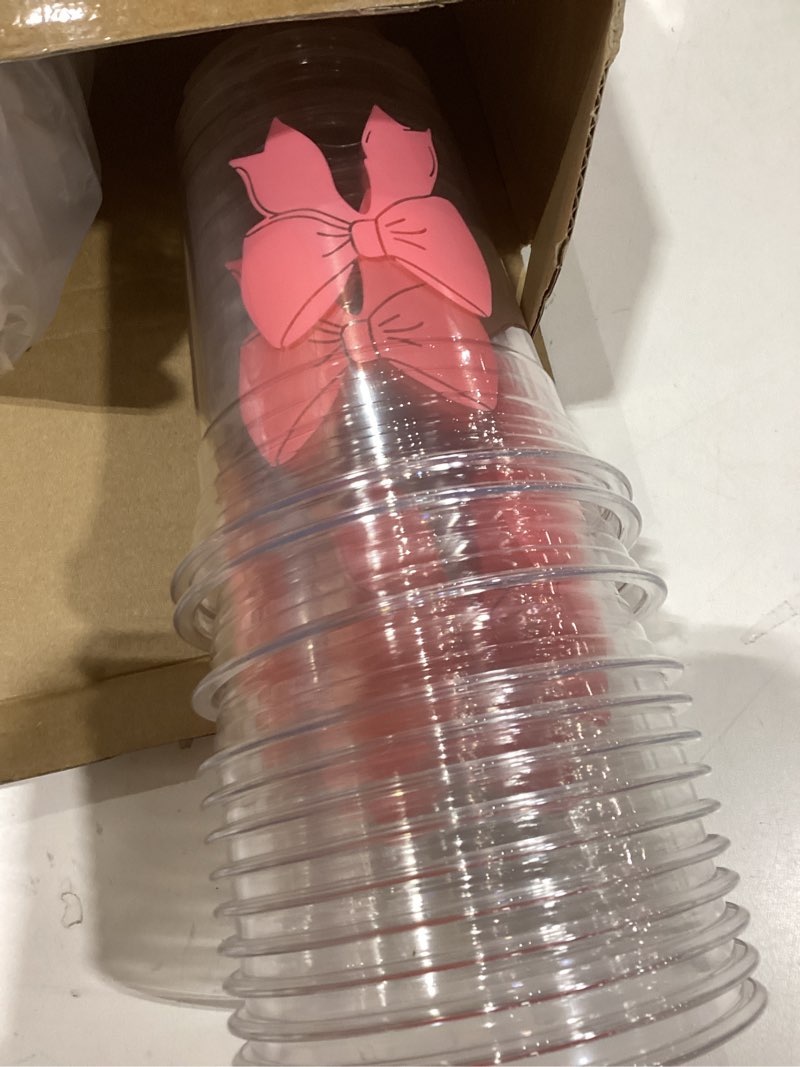 Condition photo showing New/Like New for sliner 50 pcs 16 oz coquette disposable plastic cups with straw for party supplies bow cups birthday wedding bridal engagement party drinkware baby shower decoration (pink bow) 50 pink bow