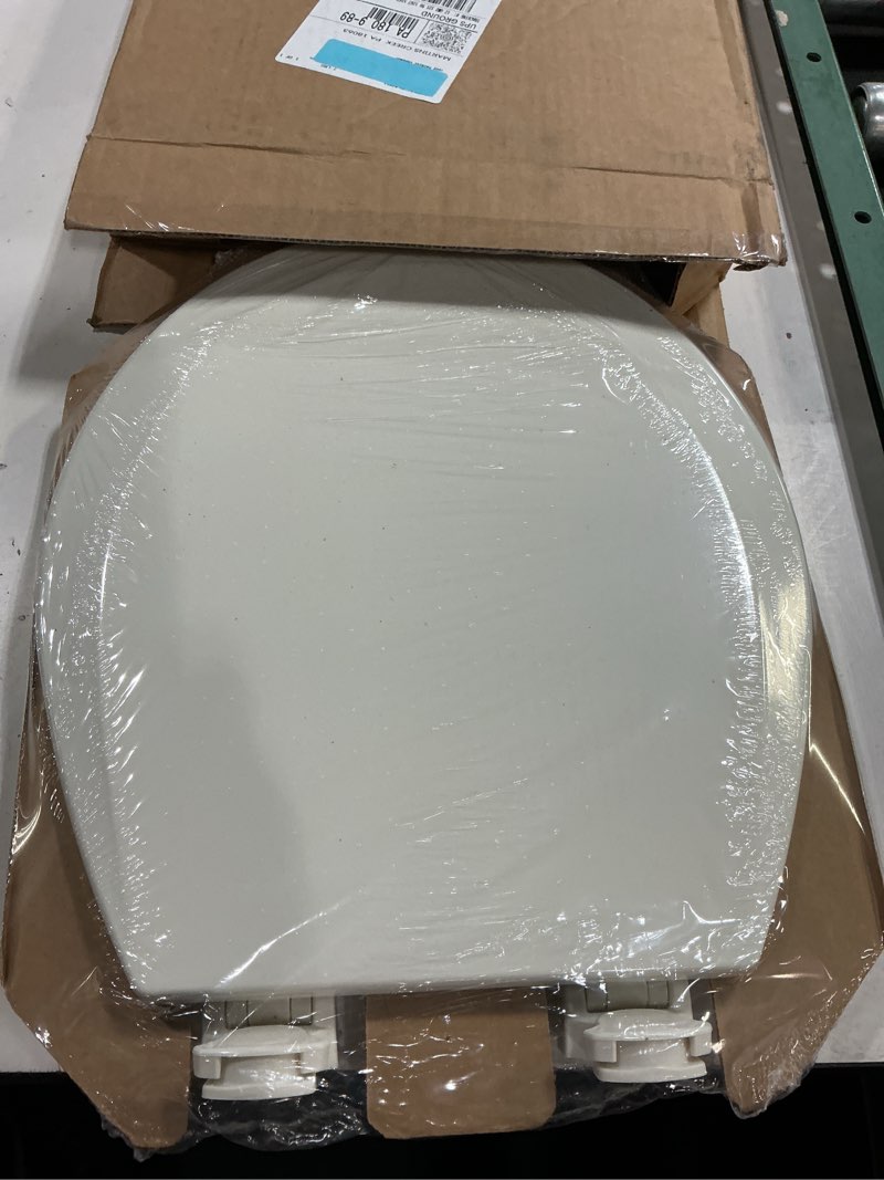 Condition photo showing New/Like New for bemis 500ec durable wood toilet seat with easy clean hinges, made in usa, round, biscuit biscuit round