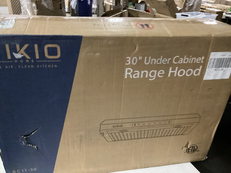 Condition photo showing New/Like New for 30 in. 900 cfm ducted under cabinet range hood in stainless steel with 3 -way venting and removable led