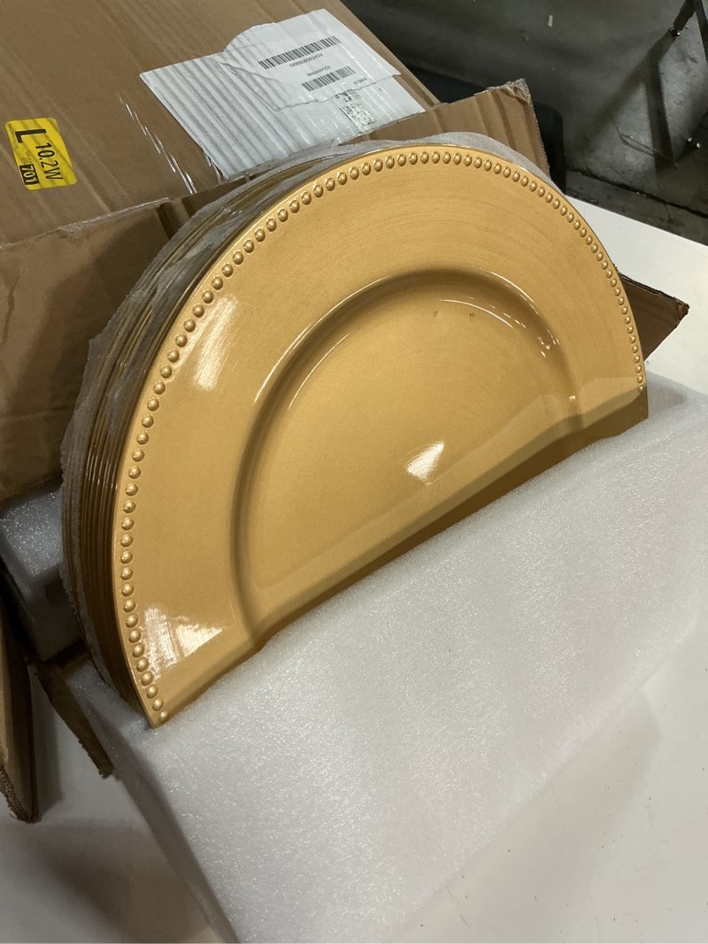 Condition photo showing New/Like New for 24 pcs gold charger plates bulk, 13" round beaded plate chargers for dinner plates, decorative dinner chargers plastic table chargers for wedding holiday party baby shower event decoration (gold) gold 24 pcs