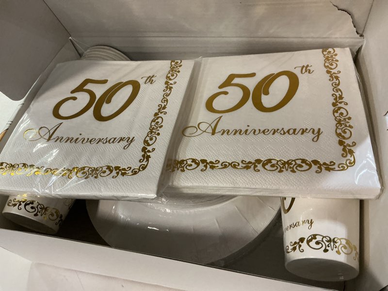 Condition photo showing New/Like New for apowbls golden 50th wedding anniversary plates and cups party supplies tableware - 50 year wedding anniversary decorations dinnerware, paper plate, cup, napkin | serves 48