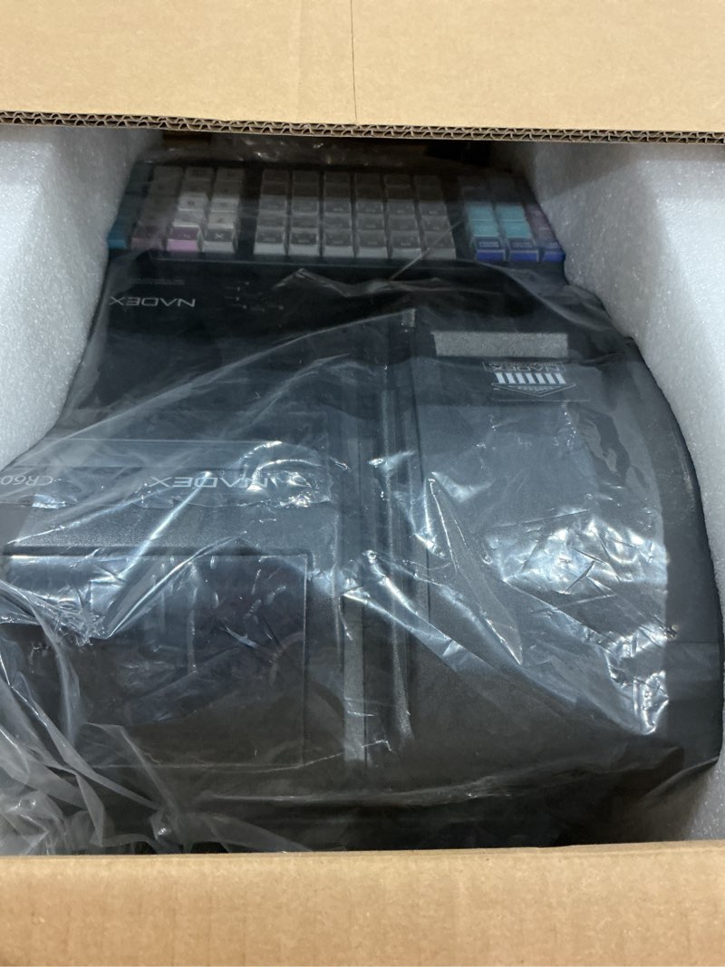 Condition photo showing Good Condition for nadex cr600 cash register, 9500 plu lookups 60 dept 50 clerks, 5 bill 8 coin compartments 2 check slots heavy duty steel cash and coin drawer, two displays, multiport black