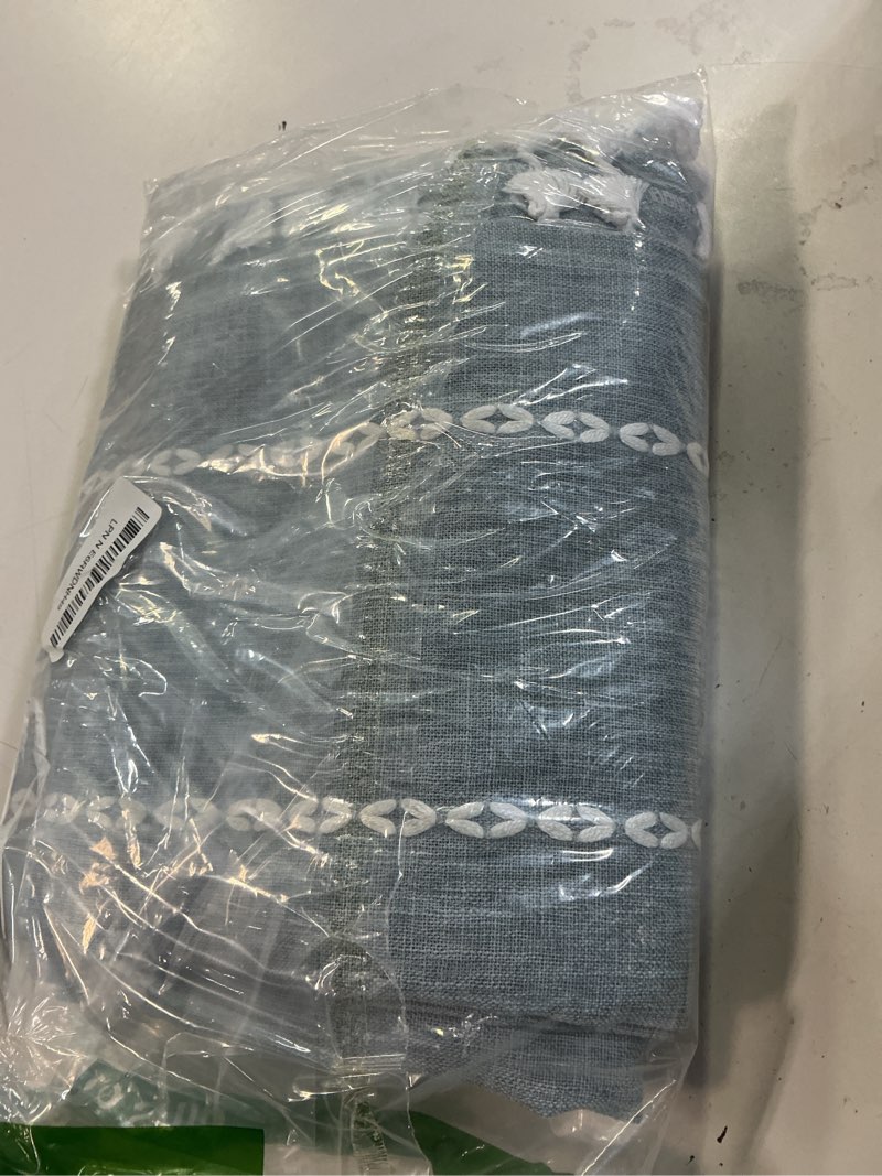 Condition photo showing New/Like New for seenus boho chic shower curtain heavyweight with tassels, 72 x 72 inch sky blue linen textured fabric shower curtain, country farmhouse striped bathroom decor curtain water repellent sky blue 72"w x 72"l (pack of 1)