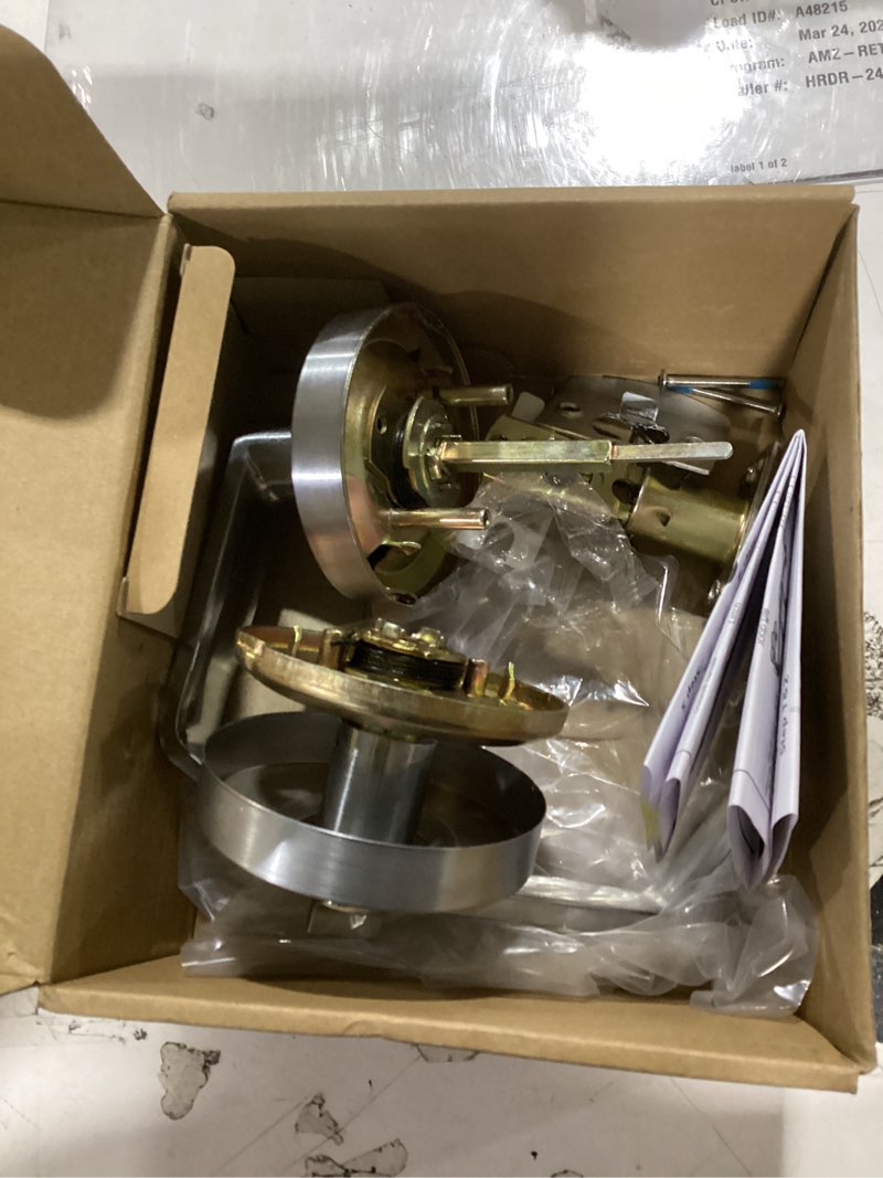 Condition photo showing As Is for mrarm privacy indicator lock and lever, large grade 2 commercial door handle, bathroom door handle perfect for public restrooms including restaurants, hospitals, medical offices, satin chrome