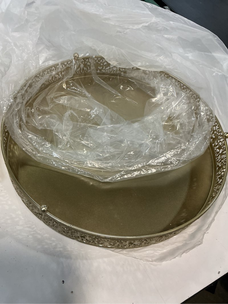 Condition photo showing Good Condition for cake stand, metal round cupcake dessert stand cake display holder for wedding party birthday baby showers anniversary,gold 16" gold 16in