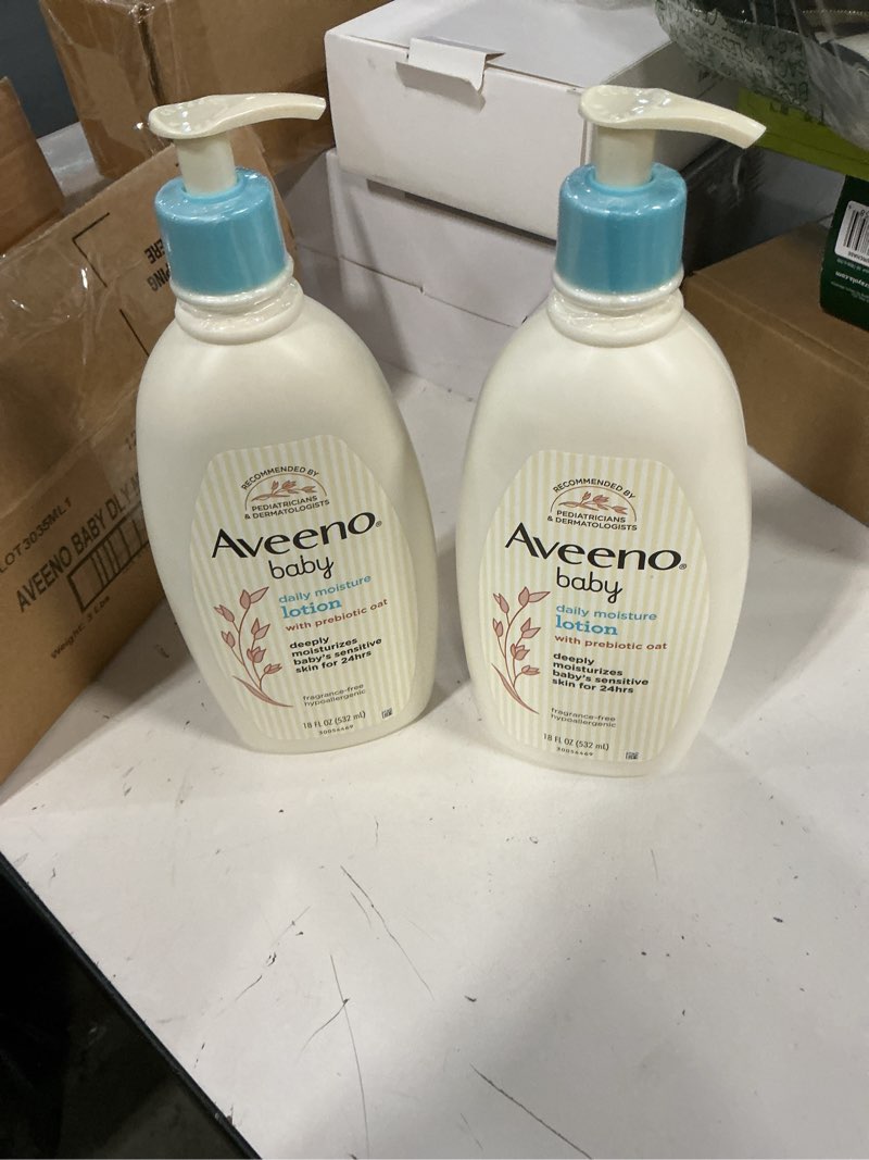 Condition photo showing New/Like New for Aveeno Baby Daily Moisture Body Lotion for Sensitive Skin, Hypoallergenic Moisturizing Baby Lotion with Nourishing Oat to Deeply Moisturize Baby's Skin, Fragrance-Free, 18 fl. oz, 2 Pack 18 Fl Oz (Pack of 2)