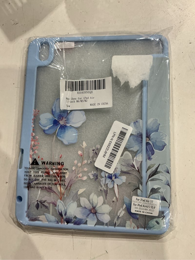 Condition photo showing Good Condition for may chen for ipad air 11-inch m4/m3/m2 (2026/2025/2024), ipad air 5th/4th 10.9 inch - shockproof cover with clear back shell & penceil holder auto wake/sleep stand cover, blue flowers