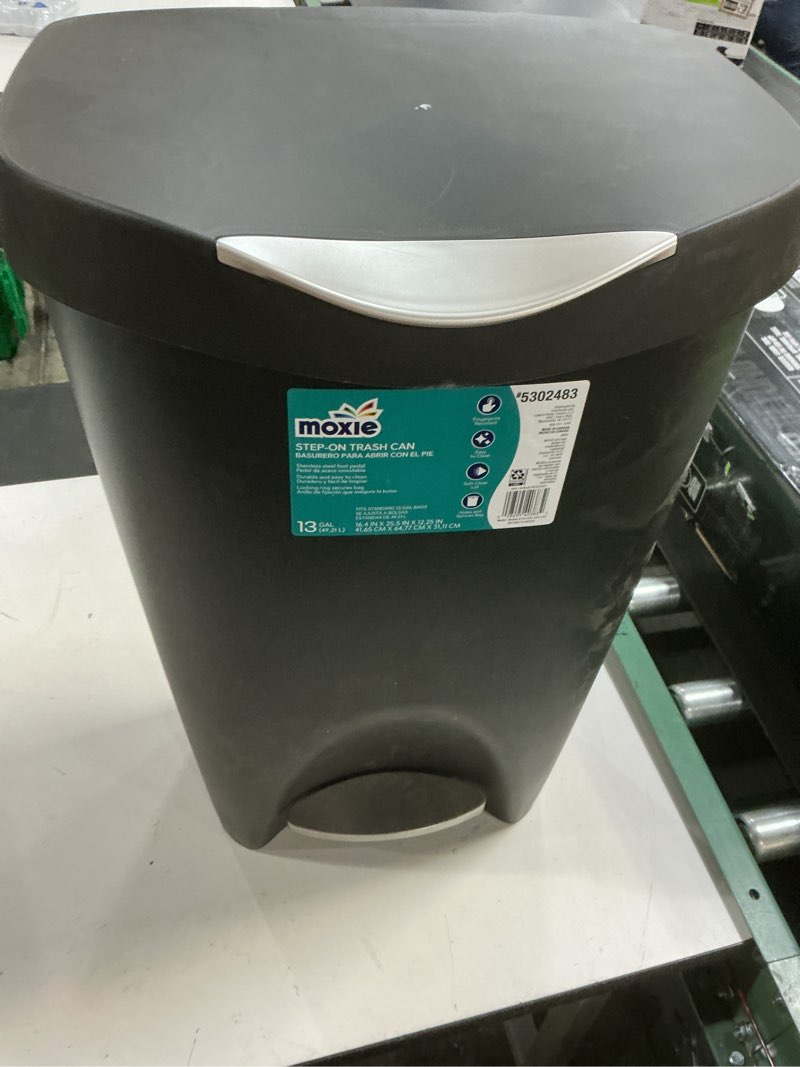 Condition photo showing As Is for moxie 13-gallon black plastic indoor kitchen step trash can
