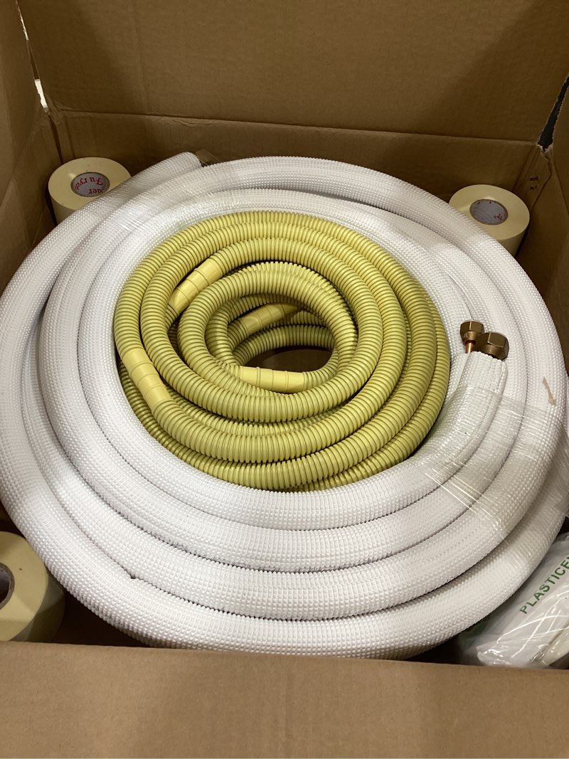 Condition photo showing Good Condition for 25ft length mini split line set,1/4" 3/8" od copper pipes tubing and 3/8 white pe thickened insulated coil with flared nuts for mini split air conditioner hvac or heat pump system. (25ft(1/4+3/8))