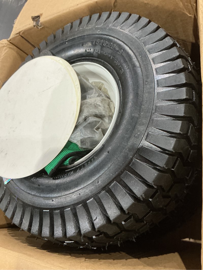 Condition photo showing As Is for parts camp 15x6.00-6nhs lawn mower tires and wheels with 3/4" bushing and 3" centered hub, rubber pneumatic tire for husqvarna craftsman riding mowers (2 packs)