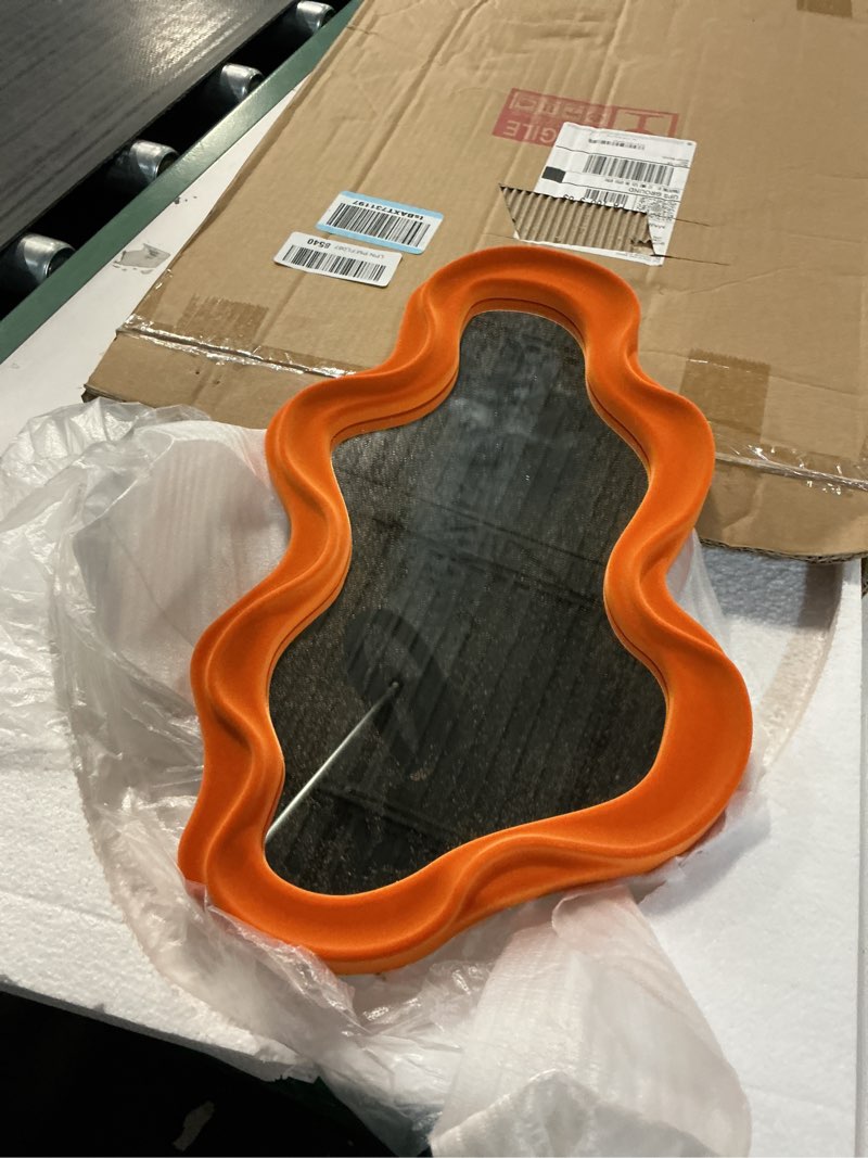 Condition photo showing Good Condition for small decorative mirror for girly bedroom dresser decor, vivid abstract wavy wall mirrors for home aesthetic book coffee shop hotel decoration, unique gift for birthday thanksgiving (orange)