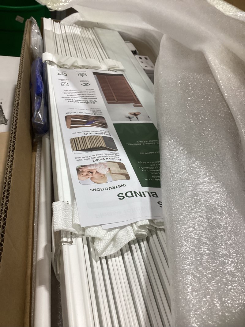 Condition photo showing As Is for 2" cordless solid wood blinds for indoor window,27.5" w x 48" h white | real wooden basswood blackout blinds horizontal shutters, easy to install for home interior windows j01-white 27.5"w x 48"h