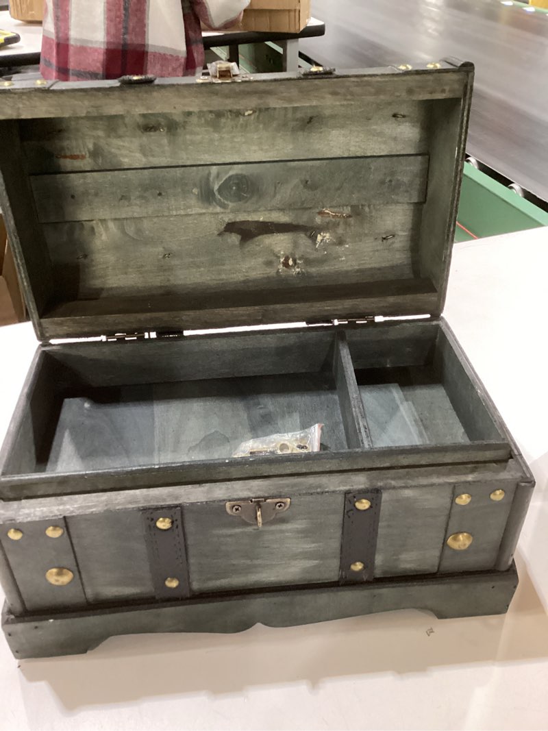 Condition photo showing Good Condition for Happenings Wooden Treasure Chest Box with Tray – Lockable Vintage Decorative Chest for Storage, Keepsakes, Jewelry – Pirate Wooden Chest Decor (12.2x7x7)