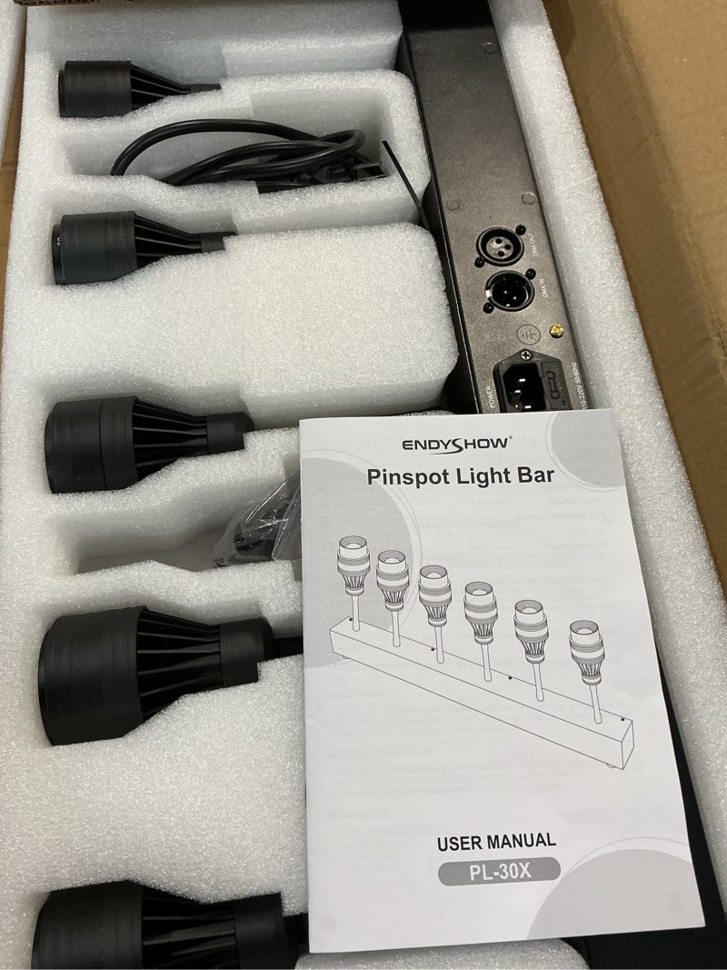 Condition photo showing New/Like New for Pinspot Light Bar,6PC LED Pinspot Stage Lights Disco Ball Manual Zoom(15-60 Degree) 3200K Dimmable Warm White DMX Sound Activated Lights for Party Activities Live Show Concert Church Wedding