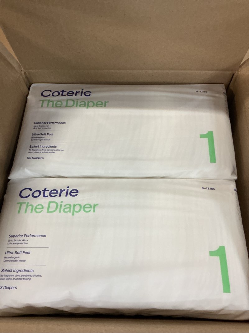 Condition photo showing Good Condition for coterie baby diapers + wkit, size 1 with plant-based fibers, hypoallergenic, designed for sensitive skin, clean ingredients 6 pack)