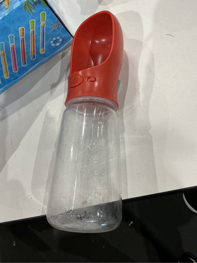 Condition photo showing As Is for mr. pen- portable dog water bottle, 19 oz, large, leak proof puppy water dispenser with drinking feeder for pets, outdoor walking, hiking, travel, not dishwasher safe red