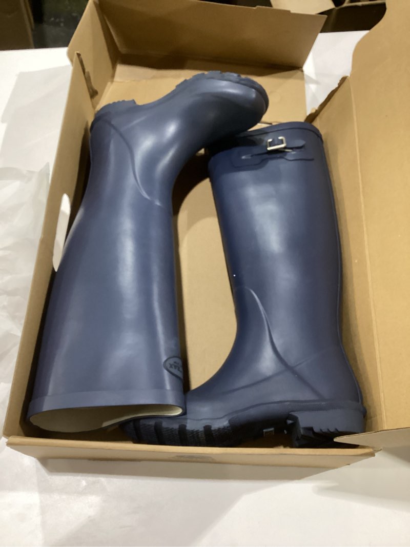 Condition photo showing As Is for women's rain boots waterproof tall knee high - natural rubber wellies for winter snow & slush, arch support walking shoes, adjustable calf with buckle for thick socks blue 5