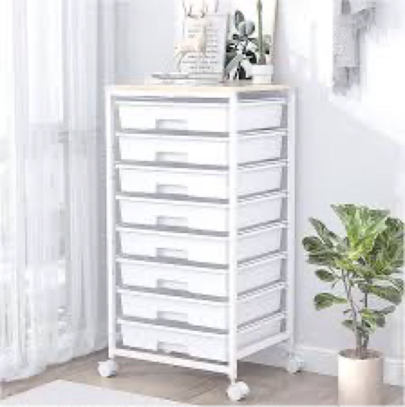 Rolling Storage Cart with Drawers,Utility Cart With 8 Drawers and Wooden Tabletop,Rolling Drawer Cart,Storage Drawer Cart for Living Room,Classroom,Bedroom,Bathroom,Dorm,Office,White