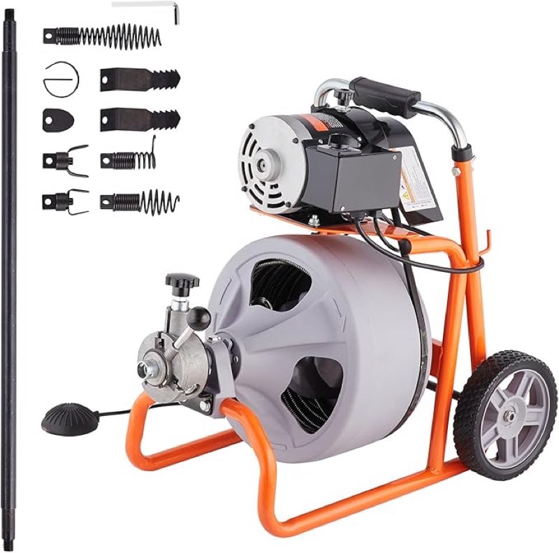 Happybuy Drain Cleaner Machine 100FT x 3/8 Inch, Auto Feed Sewer Snake Drain Auger on Wheels, Portable Drain Cleaning Machine with 8 Cutters & Air-activated Foot Switch for 2" to 4" Pipes