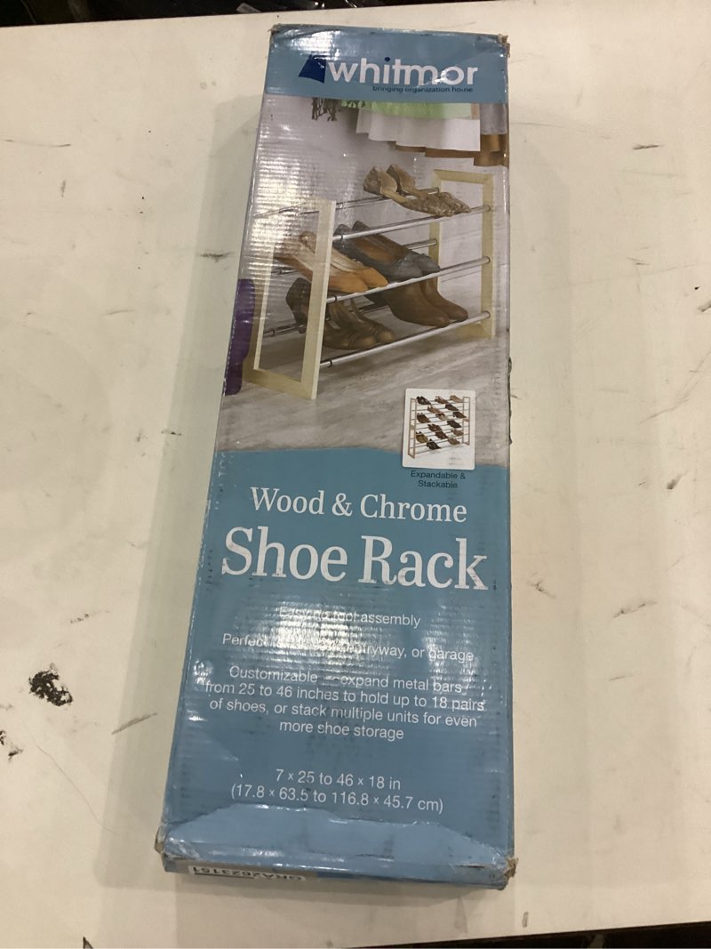 Whitmor 3 Tier Expandable Shoe Rack -Stackable - Natural Wood and Chrome (Renewed)