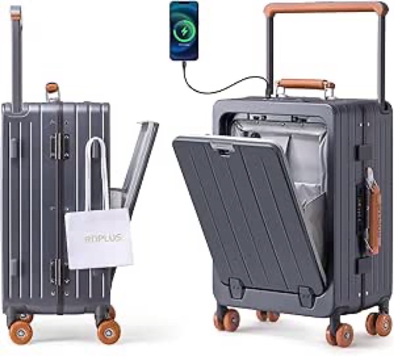 ROPLUS Zipperless Luggage with Front Cover Compartment, Aluminium Frame Checkded-In Rolling Suitcase