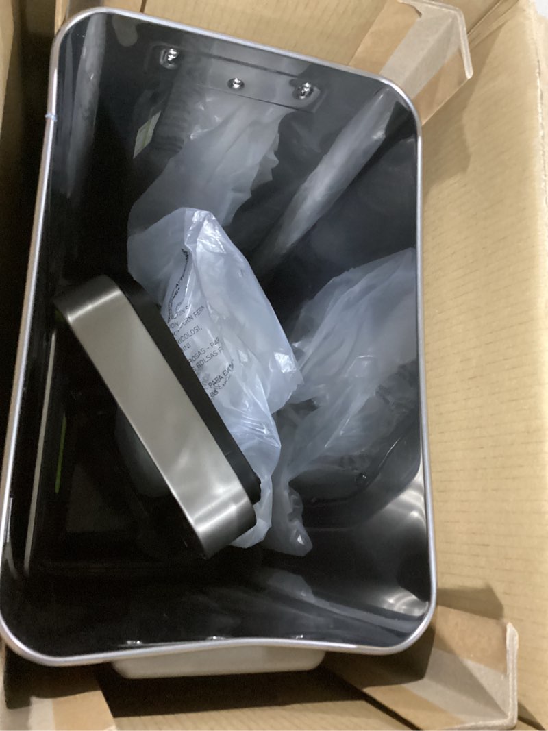 Condition photo showing As Is for eko deluxe mirage-t 50 liter / 13.2 gallon touchless rectangular motion sensor trash can, matte stainless steel finish deluxe 50l - stainless steel