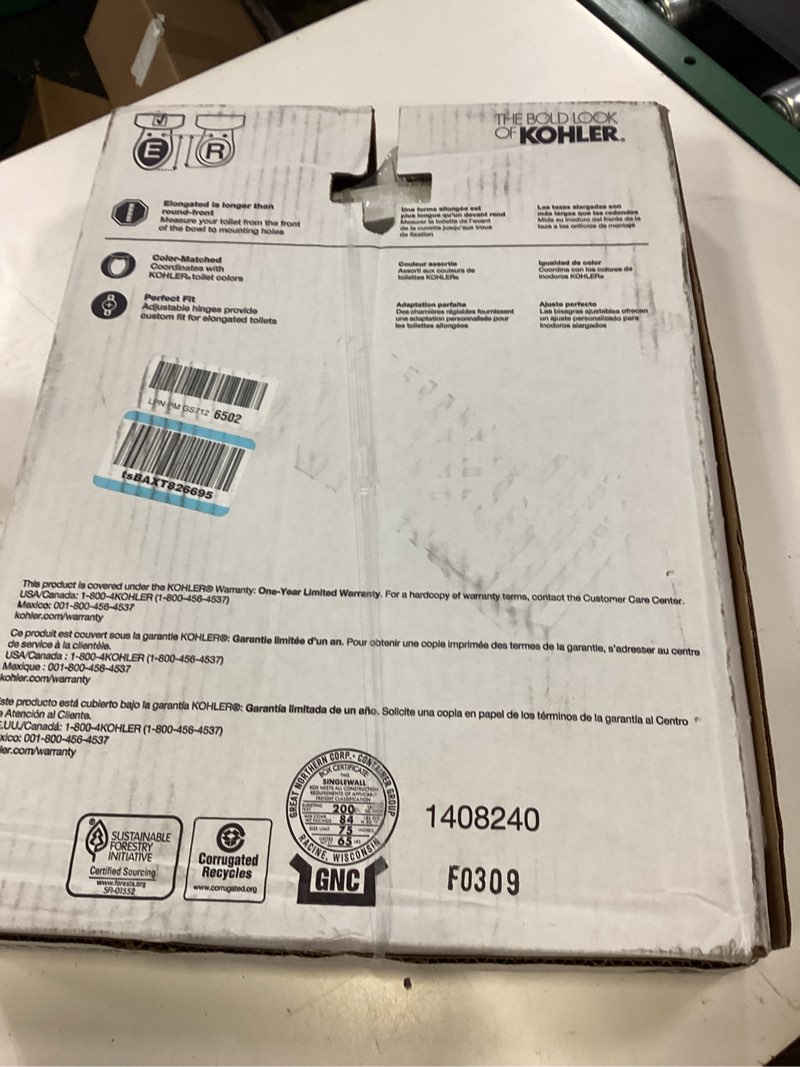 Condition photo showing New/Like New for kohler 20110-0 brevia, slow close toilet seat, elongated toilet seat, grip-tight bumpers quick-attach hardware, white white elongated quiet-close