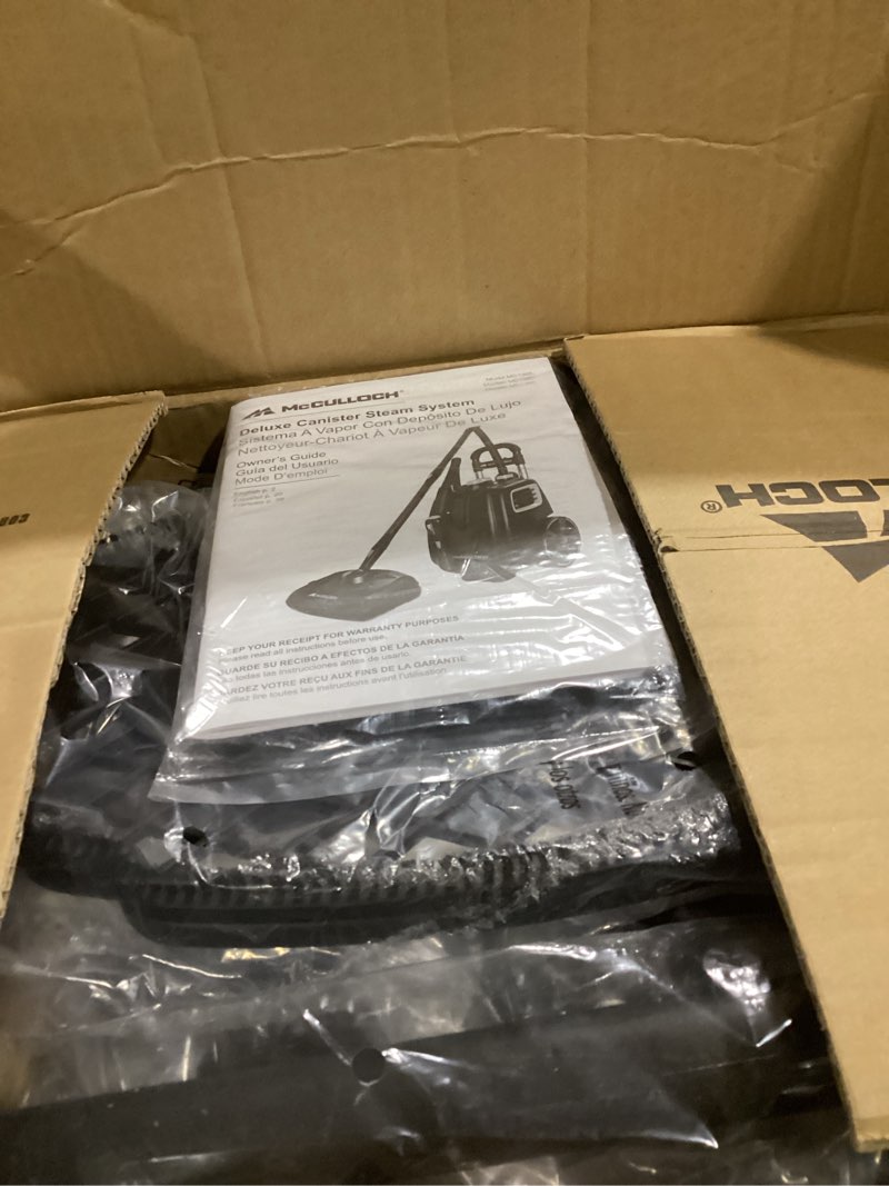 Condition photo showing As Is for McCulloch MC1385 Deluxe Canister Steam Cleaner, 2-Hour Runtime, Chemical-Free, 23 Accessories: Mop Head, Brushes & More - Built for Home, Tile, Carpet, Furniture, & Personal Car Detailing