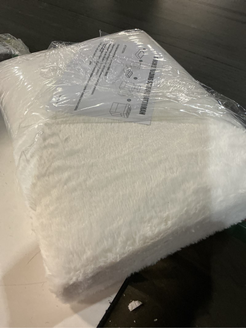 Condition photo showing Good Condition for storage ottoman cube, small ottoman with storage with thicker furry padded seat. folding soft fur foot rest stool for living room bedroom, holds up to 300 lbs, 17x13x13in (white)