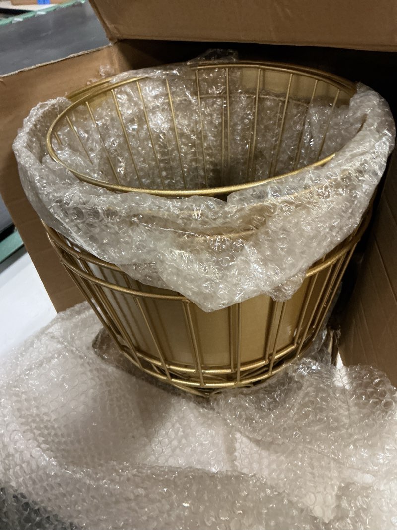 Condition photo showing Good Condition for metal planter stand with pot 12" - decorative gold plant stand holder flower potted rack for corner display, living room, office, indoor, modern home decor - 17.5" tall round-standard-2 pack