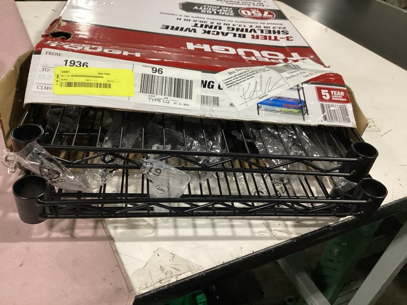 Condition photo showing As Is for hyper tough multipurpose 3-tier wire shelving rack, black, 750 lbs capacity