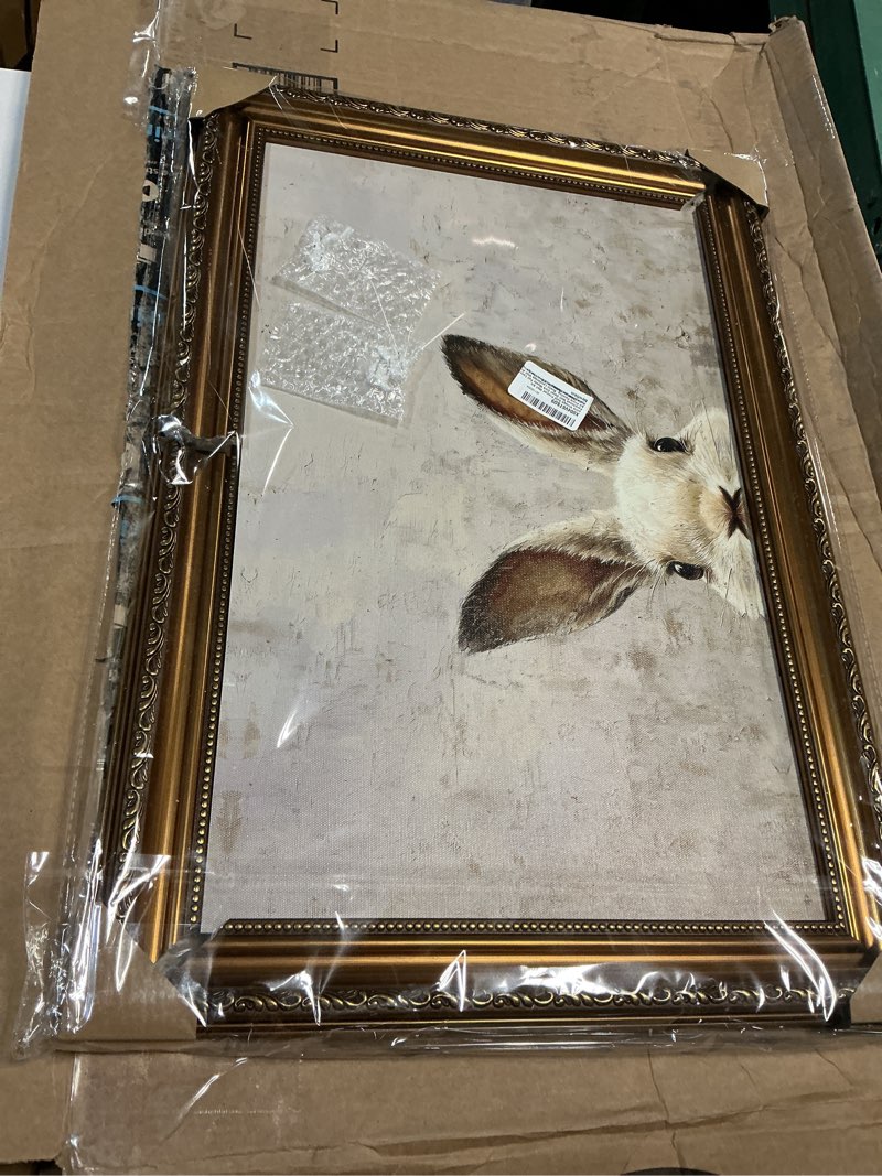 Condition photo showing As Is for Uniro Vintage Gold Framed Wall Art, Easter Bunny Wall Art Decor, Neutral Rabbit Canvas Oil Painting Poster for Rustic Easter Décor, Vintage Home Decor Animals Artwork Prints Wall Decor for Kids Room, Living Room, Bedroom or Festive Spaces - 16x24inch 24"L x 16"W Bunny