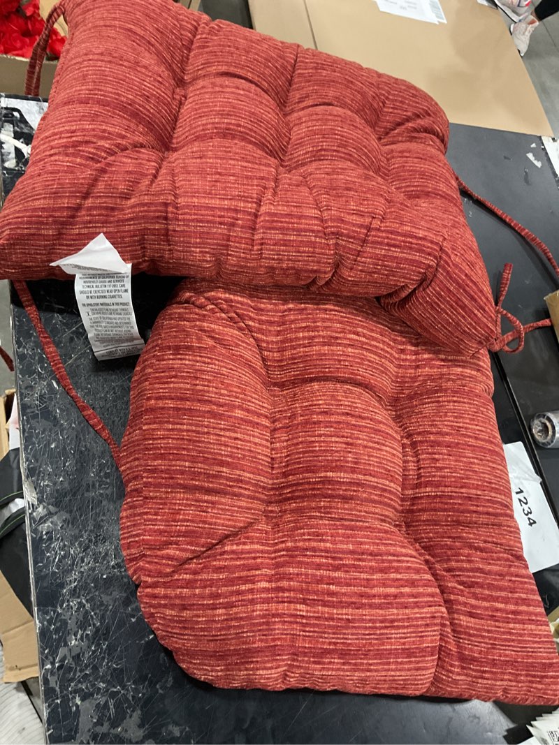 Condition photo showing As Is for klear vu the gripper non-slip rocking chair cushion set with thick padding, includes seat pad & back pillow with ties for indoor living room rocker, 17x17 inches, 2 piece set, garnet chenille garnet red 2 piece set
