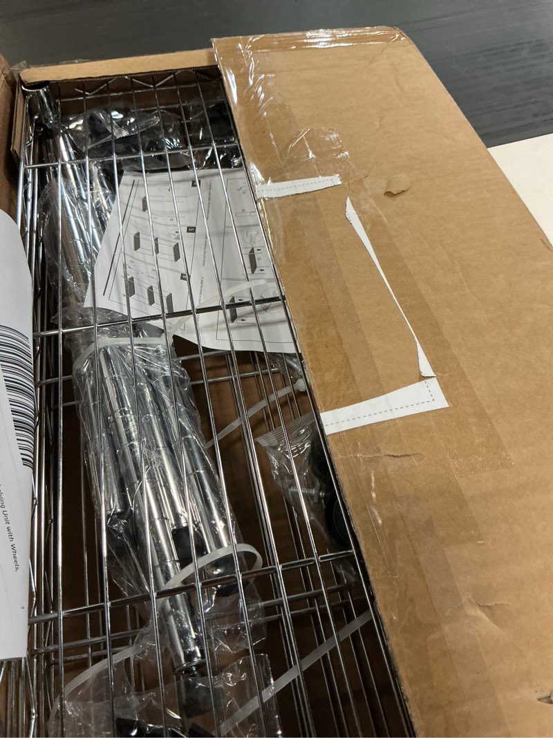 Condition photo showing Good Condition for simple deluxe 3-tier heavy duty storage shelves 750lb capacity, 24.02" d x 13.78" w x 29.92" h adjustable shelving unit with wheels, chrome chrome 3-tier 1 pack