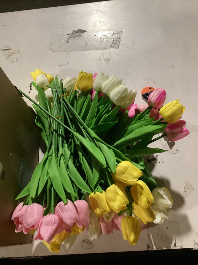 Condition photo showing As Is for 30 pcs multicolor fake tulips artificial flowers for decoration, real touch pu faux tulips flowers arrangement artificial plants indoor for home decor wedding mother's day spring easter decorations multi color