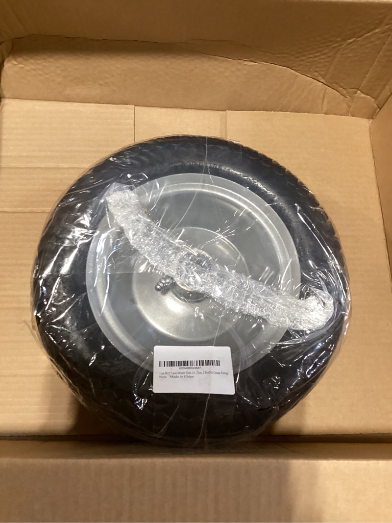 Condition photo showing New/Like New for only one tire 11x4.00-5 lawn mower tires flat free, 11x4-5 tire and wheel, zero turn front tires, with 3/4" & 5/8" & 1/2" bearings, 3.4"-5.9" centered hub, 11x4.00-5 solid tires, 2 pcs 11x4.00-5 multi-trac tread