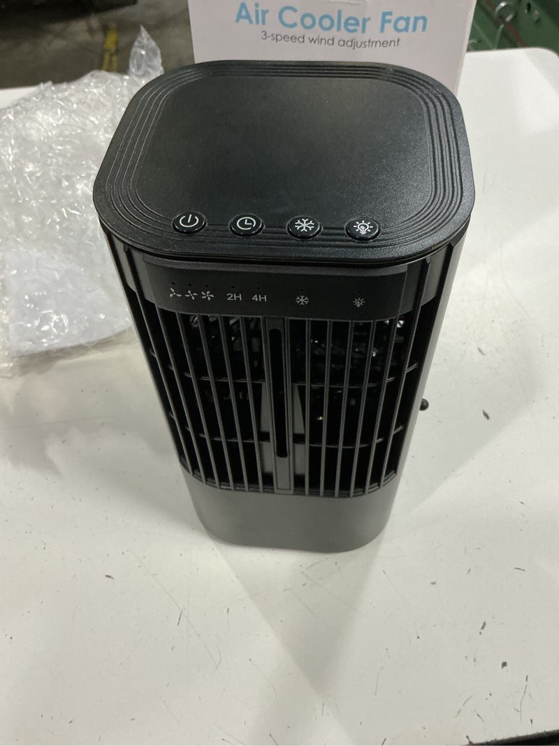 Condition photo showing As Is for portable air conditioners, 4-in-1 mini small air conditioner evaporative air cooler fan with 1000ml water tank, 3 speeds & 7 led lights, personal mini ac with timer for bedroom, desktop, home, office black