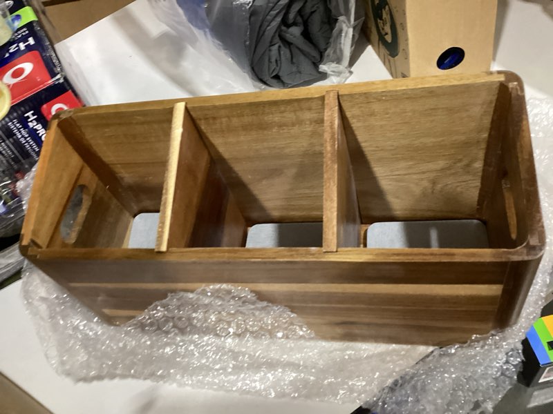 Condition photo showing Good Condition for wooden cooking utensil holder & crock for kitchen countertop | fast-absorbing diatomaceous mat, removable separator, non-slip base & side handles, large 3-compartment crock oiekdjyd-c03