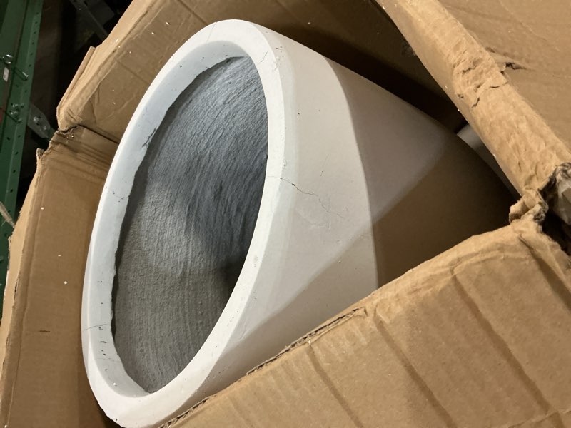 Condition photo showing As Is for kante 21.7" h pure white concrete tall planter, large outdoor indoor decorative pot with drainage hole and rubber plug, modern round style for home and patio pure white 21.7"h pots