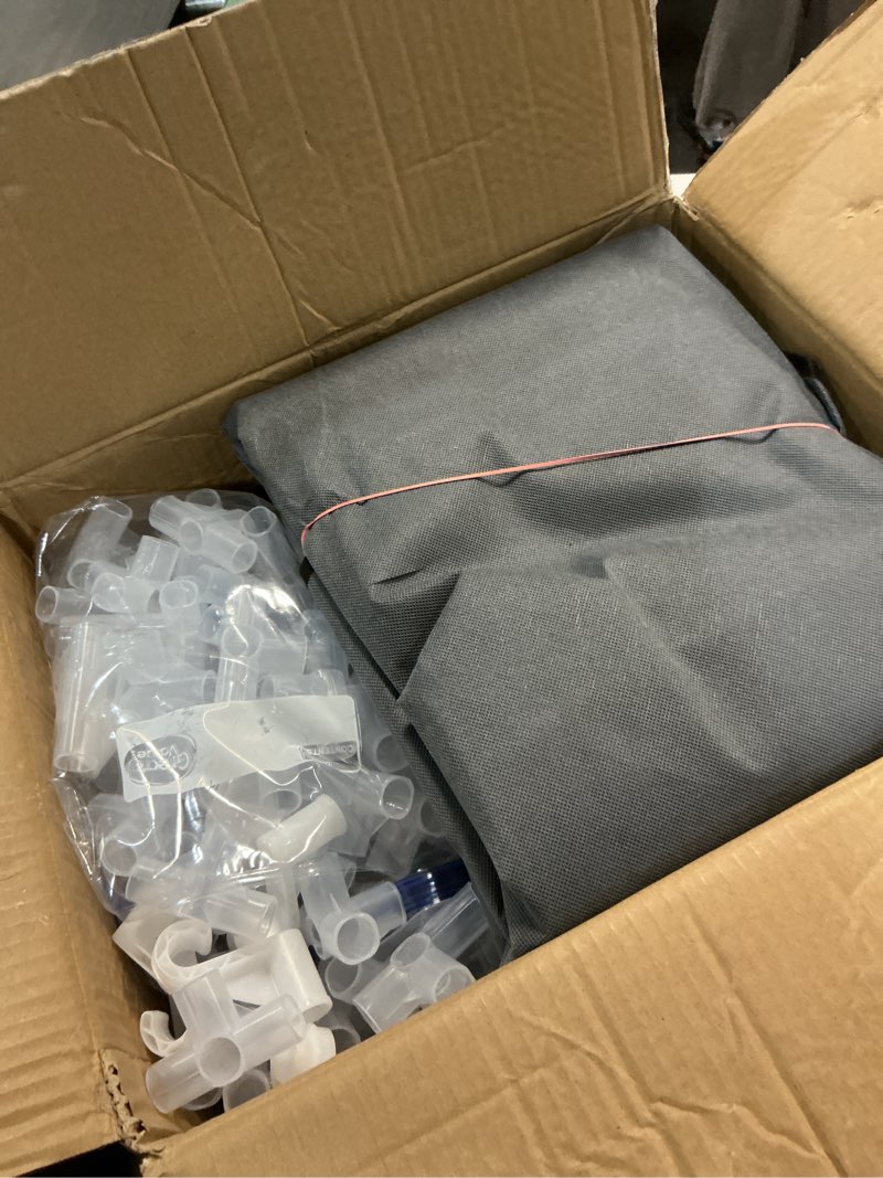 Condition photo showing As Is for 83 Inch Wide Portable Closet Wardrobe, Clothes Storage Rack Organizer with Cover, 5 Clothes Hanging Rods and 10 Storage Shelves, Grey 83"W x 18"D x 66"H Grey