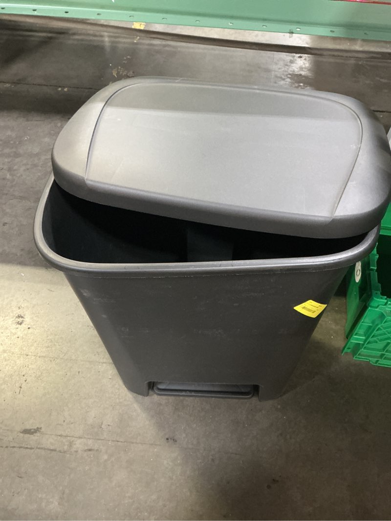 Condition photo showing As Is for hefty kitchen trash can, 20.1 gallon plastic step garbage bin with foot pedal lid, black