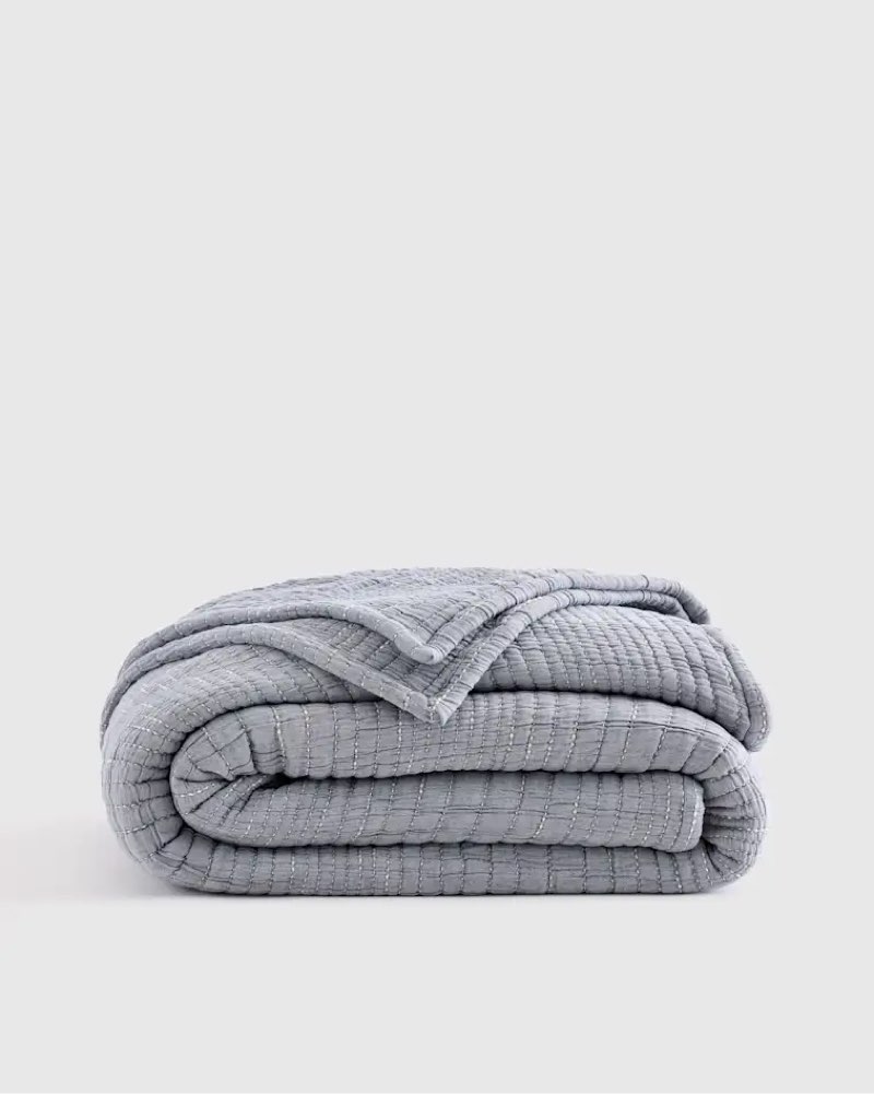 quince organic cotton channel stitch coverlet, full/queen, blue