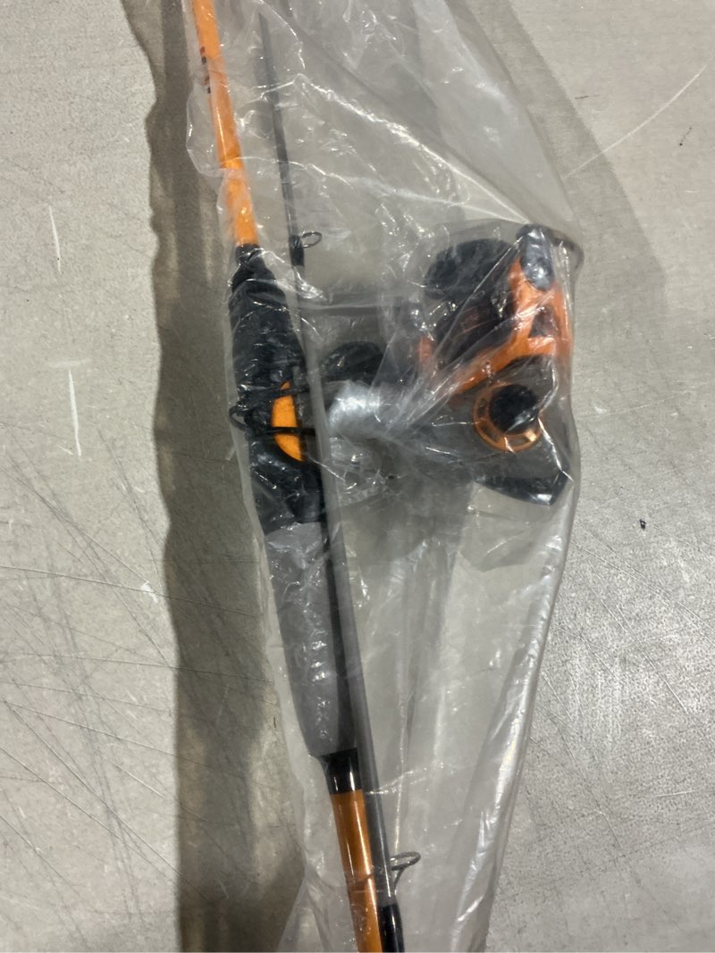 Condition photo showing As Is for lew’s hypersonic spinning reel and fishing rod combo, im6 graphite rod with fast action, 3+1 bearings, 5.1:1 gear ratio, speed lube, orange/gray 6'0"