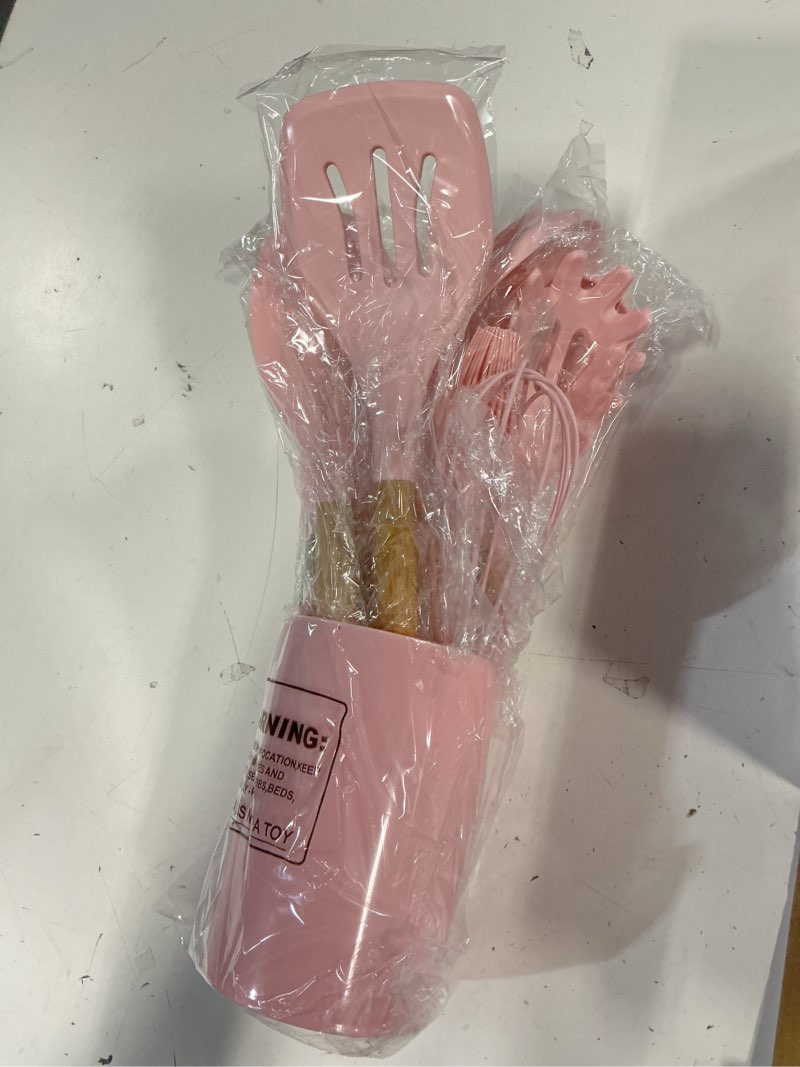 Condition photo showing New/Like New for lianyu 14 pcs kitchen utensils set, silicone cooking utensils spatula set with holder, heat resistant cookware tools includes spoon turner whisk tong, dishwasher safe, pink