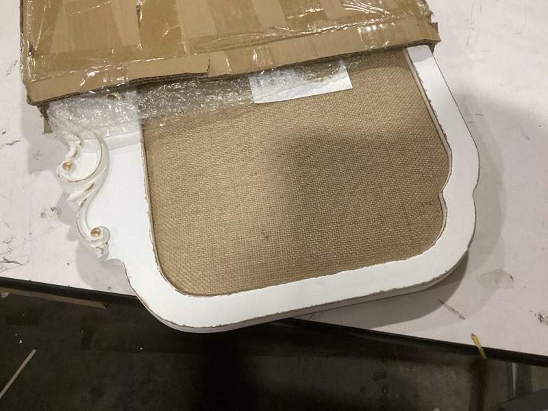 Condition photo showing As Is for SOFE Vintage Linen Bulletin Board with Frame, 18 × 24 Inches Rustic Pin Board for Wall, Hanging Photo Display, Picture Display Vision Board, Living Room, Dining Room, Office White