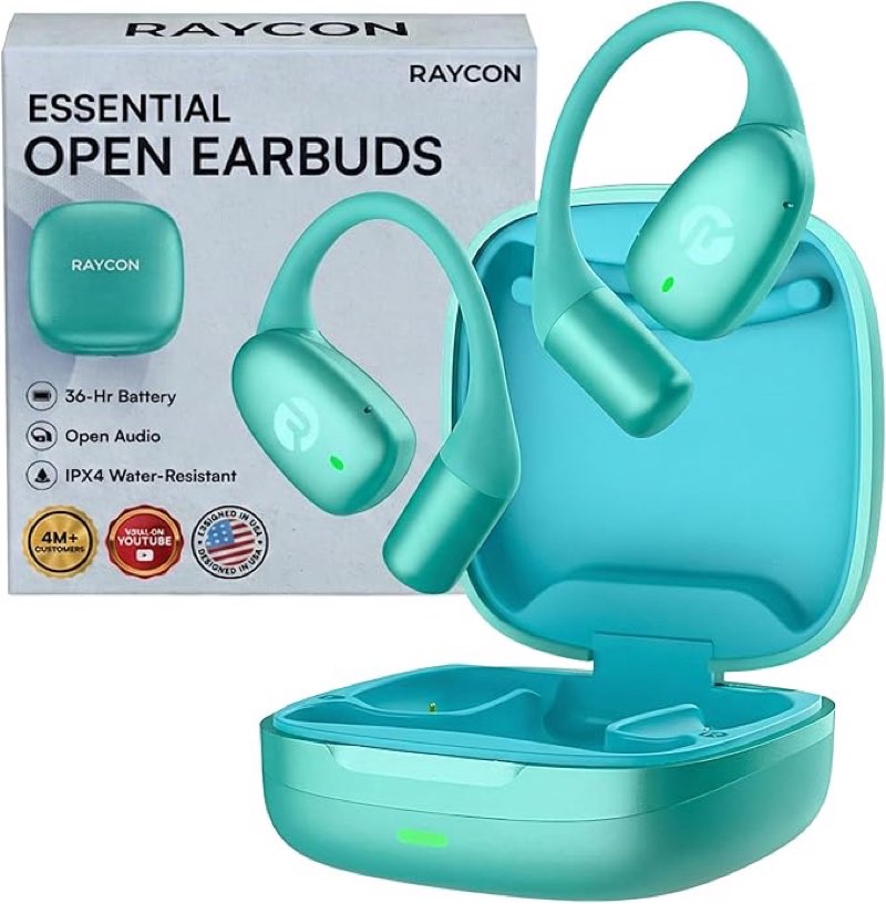 raycon essential open ear earbuds – open ear headphones, earbuds wireless bluetooth, sweat & water-resistant earphones, running headphones with ultra-lightweight design, 36 hours battery life (mint)
